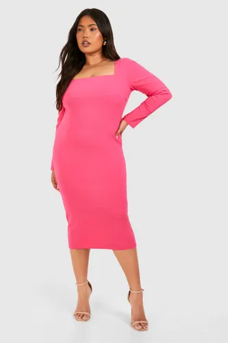 Womens Plus Square Neck Bengaline Midi Dress - Pink - 16, Pink