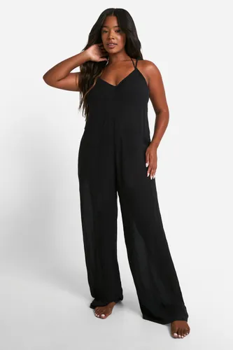 Womens Plus Strappy Cheesecloth Wide Leg Beach Jumpsuit - Black - 28, Black