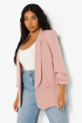 Womens Plus Stretch Woven Ruched Sleeve Blazer - Pink - 22, Pink
