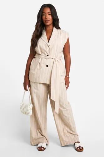 Womens Plus Stripe Linen Elasticated Trouser - Cream - 16, Cream