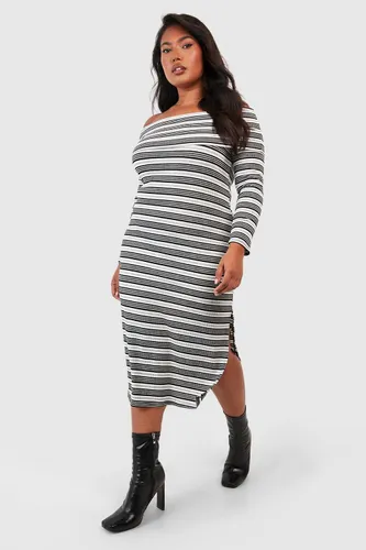 Womens Plus Stripe Off Shoulder Midi Dress - Grey - 24, Grey