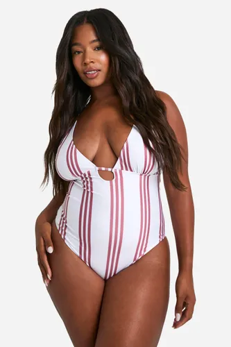 Womens Plus Stripe Strap Detial Swimsuit - White - 16, White