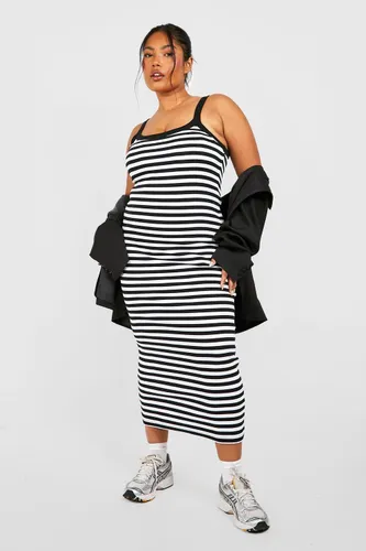 Womens Plus Striped Strappy Midaxi Dress - Black - 16, Black