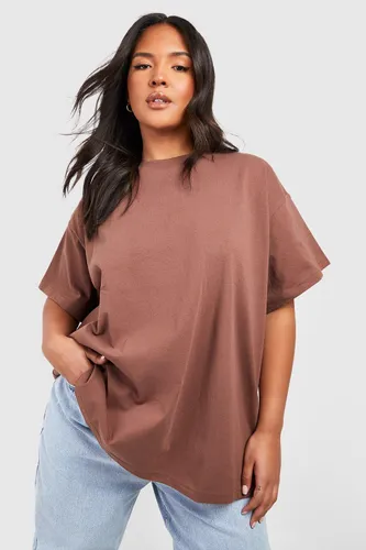 Womens Plus Super Oversized Crew Neck Basic Cotton T-Shirt - Brown - 24, Brown
