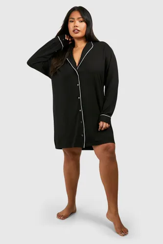 Womens Plus Super Soft Piping Detail Long Sleeve Pj Night Shirt - Black - 28, Black