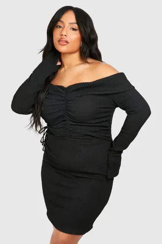 Womens Plus Textured Off Shoulder Ruched Bodycon Dress - Black - 16, Black