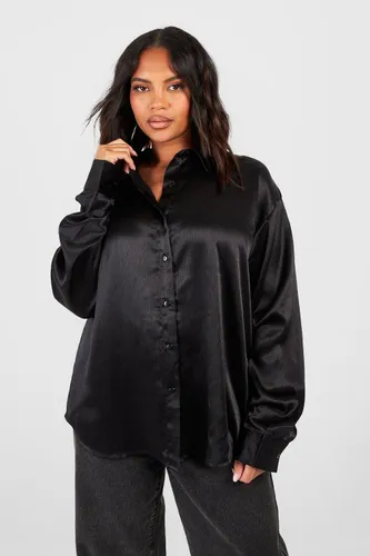 Womens Plus Textured Satin Oversized Shirt - Black - 16, Black