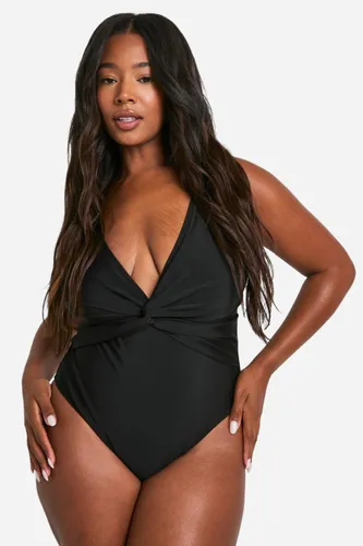 Womens Plus Tummy Control Twist Plunge Swimsuit - Black - 16, Black