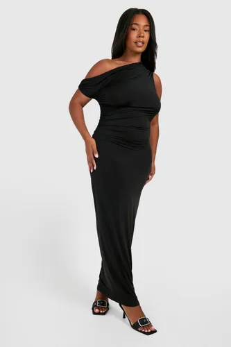 Womens Plus Twisted Ring Detail Off The Shoulder Asymmetric Maxi Dress - Black - 16, Black