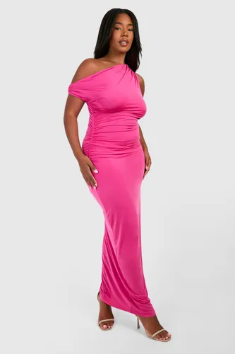 Womens Plus Twisted Ring Detail Off The Shoulder Asymmetric Maxi Dress - Pink - 16, Pink