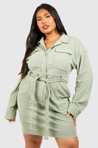 Womens Plus Utility Cord Shirt Dress - Green - 16, Green