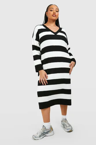 Womens Plus V Neck Stripe Jumper Dress - Black - 16-18, Black