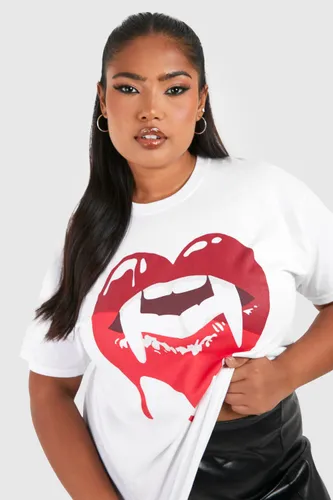 Womens Plus Vampire Lips Halloween Printed Oversized T-Shirt - White - 26, White