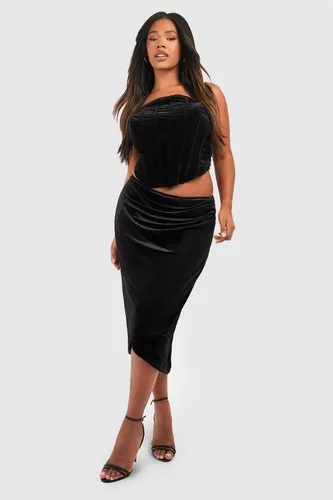 Womens Plus Velvet Ruched Side Midi Skirt - Black - 16, Black