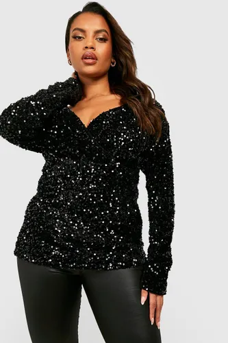 Womens Plus Velvet Sequin Off Shoulder Top - Black - 16, Black