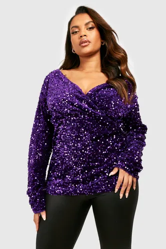 Womens Plus Velvet Sequin Off Shoulder Top - Purple - 16, Purple