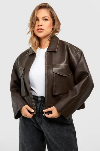 Womens Plus Vintage Look Faux Leather Pocket Detail Jacket - Brown - 28, Brown