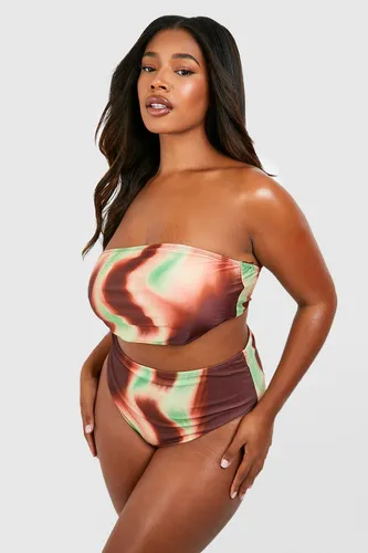 Womens Plus Wave Print Bandeau Bikini Set - Brown - 24, Brown