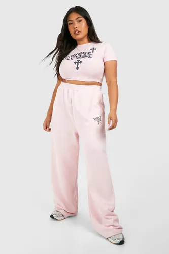 Womens Plus West Coast Cross Print Baby Tee And Straight Leg Jogger Set - Pink - 16, Pink