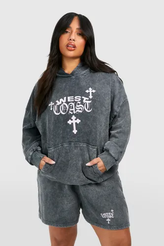 Womens Plus West Coast Cross Print Washed Hooded Short Tracksuit - Grey - 16, Grey