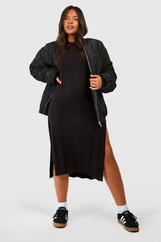 Womens Plus Wide Rib Knitted Side Split Midaxi Dress - Black - 20, Black