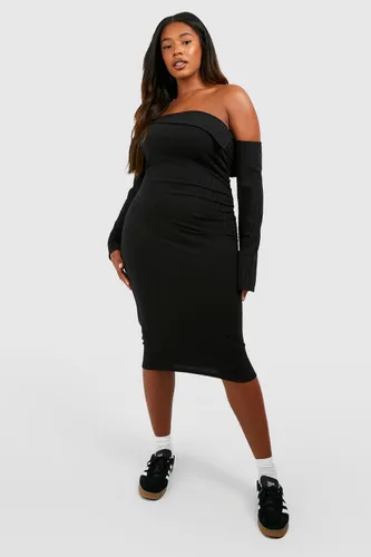 Womens Plus Wide Rib Off Shoulder Ruched Side Midi Dress - Black - 28, Black