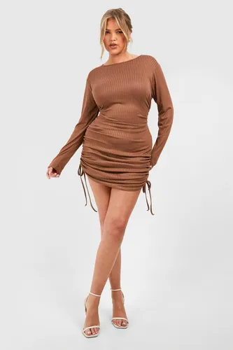 Womens Plus Wide Rib Ruched Mini Dress - Beige - 16, Beige