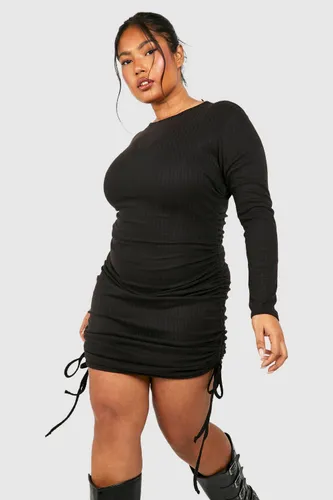 Womens Plus Wide Rib Ruched Mini Dress - Black - 28, Black