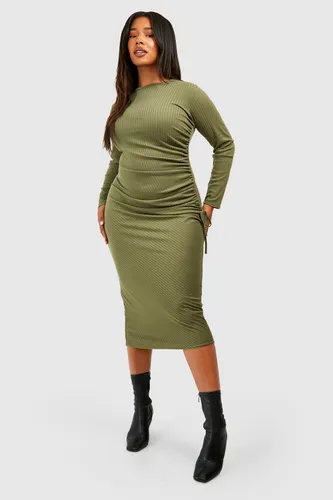 Womens Plus Wide Soft Rib Ruched Midi Dress - Green - 16, Green