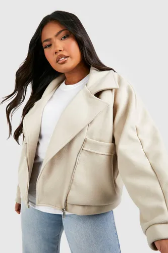 Womens Plus Wool Look Collared Zip Up Jacket - Beige - 16, Beige