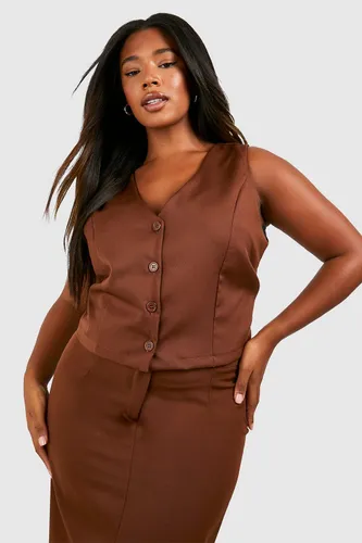 Womens Plus Woven Button Detail Waistcoat - Brown - 18, Brown