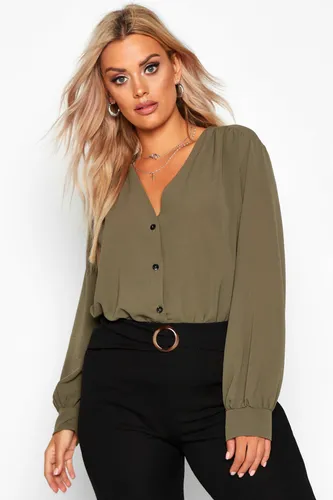 Womens Plus Woven Button Through Collarless Shirt - Green - 16, Green