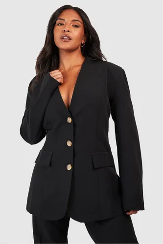 Womens Plus Woven Horn Button Long Sleeve Blazer - Black - 16, Black