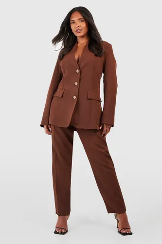 Womens Plus Woven Horn Button Tailored Tapered Trousers - Brown - 16, Brown