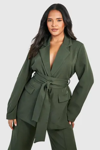 Womens Plus Woven Obi Tie Blazer - Green - 24, Green