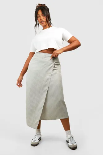 Womens Plus Woven Pinstripe Wrap Midaxi Skirt - Grey - 16, Grey