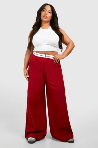 Womens Plus Woven Reverse Waist Wide Leg Trousers - Red - 16, Red