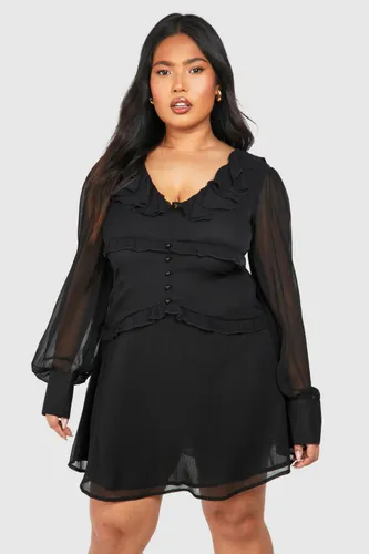 Womens Plus Woven Ruffle Detail Long Sleeve Mini Dress - Black - 16, Black