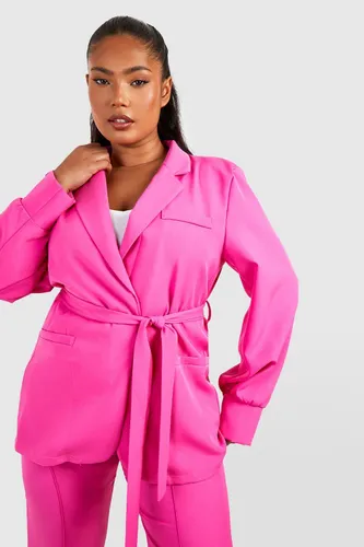 Womens Plus Woven Shoulder Pad Belted Blazer - Pink - 18, Pink