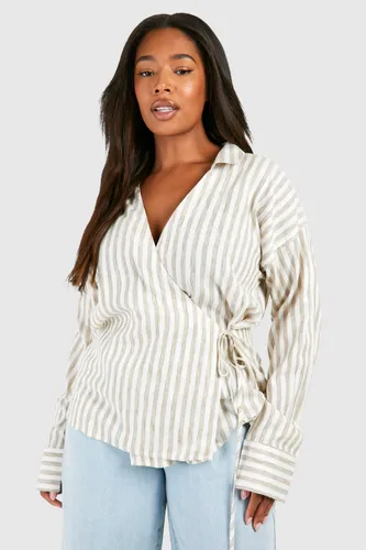 Womens Plus Woven Stripe Wrap Long Sleeve Shirt - Beige - 16, Beige
