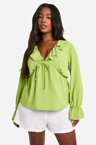 Womens Plus Woven Textured Frill Front Smock Top - Green - 16, Green