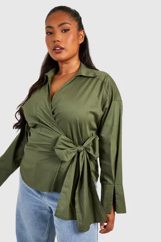Womens Plus Wrap Detail Cotton Shirt - Green - 18, Green