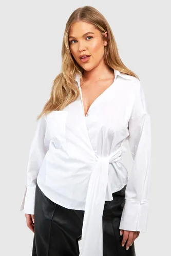 Womens Plus Wrap Detail Cotton Shirt - White - 16, White