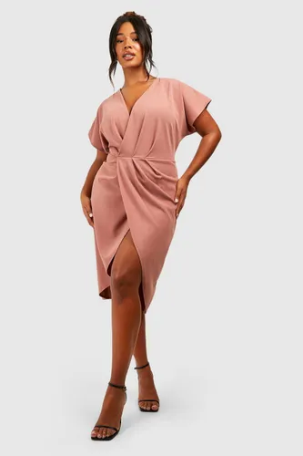 Womens Plus Wrap Front Midi Dress - Pink - 24, Pink