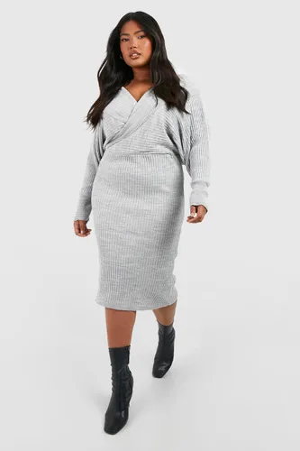 Womens Plus Wrap Knitted Midi Dress - Grey - 22, Grey