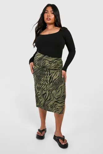 Womens Plus Zebra Print Rib Side Split Midi Skirt - Green - 28, Green