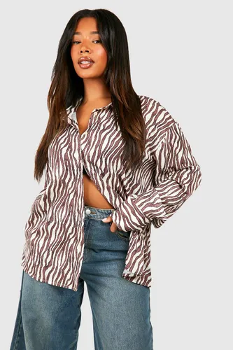 Womens Plus Zebra Stripe Satin Shirt - Brown - 16, Brown