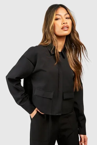 Womens Pocket Detail Boxy Longline Crop Shirt - Black - 6, Black