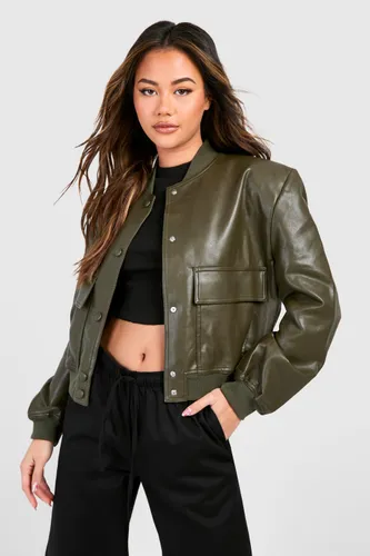 Womens Pocket Detail Faux Leather Bomber Jacket - Green - S, Green
