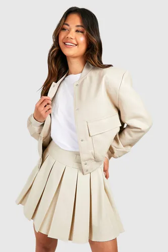 Womens Pocket Detail Faux Leather Bomber Jacket - White - S, White